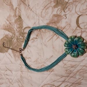 Blue cotton cord choker with enamel painted flower pendent